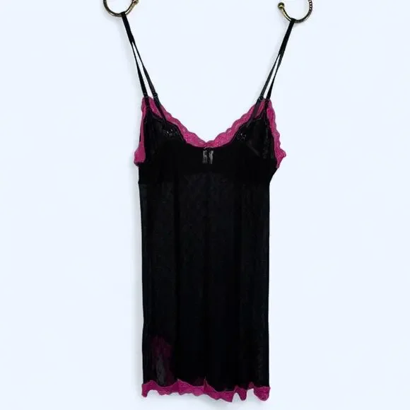 Y2K Candie’s Sheer Black Lace Slip Dress Sz L Pink Trim Lingerie Nightie - Picture 4 of 7